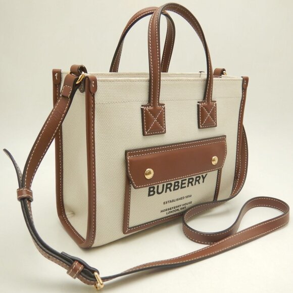 BURBERRY Mini Freya Tote 8044141 Bag Canvas x Leather Natural Brown Women's 2... - Picture 3 of 16